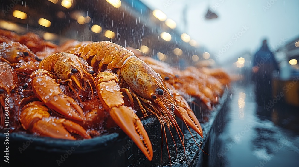 Freshly Caught Lobsters Displayed at Seafood Market Stall Freshly Caught Lobsters Displayed at Seafood Market Stall