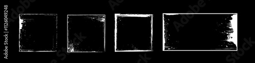 Rectangular and square frames in grunge style with aged edges stroke and scratches, scuffs and irregularities. White old worn borders for retro effects styling photos and designs. Vintage overlays.