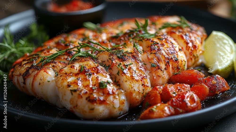 Grilled Fish Fillet with Herbs and Spicy Tomato Garnish Grilled Fish Fillet with Herbs and Spicy Tomato Garnish