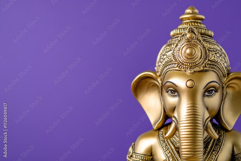 Obraz premium Golden ganesha statue on purple background showcasing intricate details
