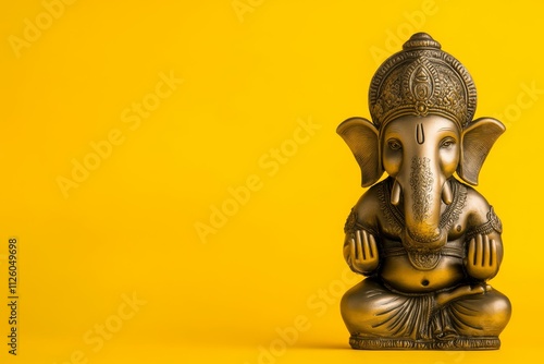 Golden ganesha statue on vibrant yellow background symbolizing prosperity and wisdom