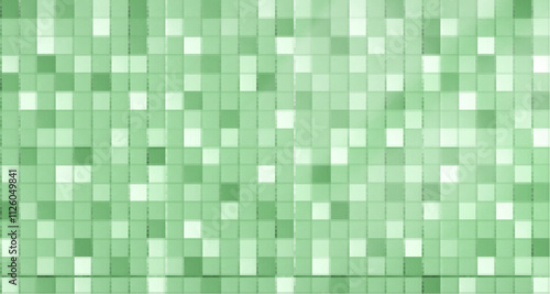 Green mosaic made of square tiles in different shades. fresh design pattern for decorating swimming pool, bathroom, kitchen or modern interiors. Room interior wall 3d background with square bricks.