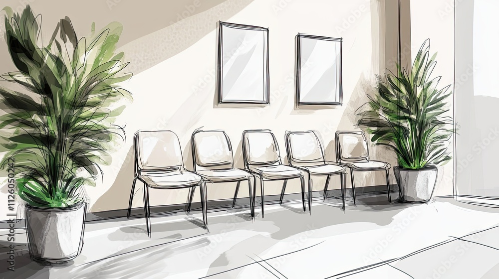 Modern Waiting Area With Plants And Empty Chairs Modern Waiting Area With Plants And Empty Chairs
