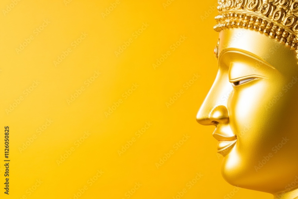 Golden buddha statue profile on vibrant yellow background Golden buddha statue profile on vibrant yellow background