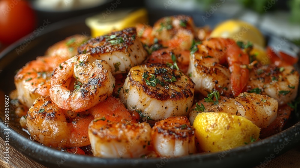 Grilled Shrimp and Scallops with Lemon and Herbs on Plate Grilled Shrimp and Scallops with Lemon and Herbs on Plate