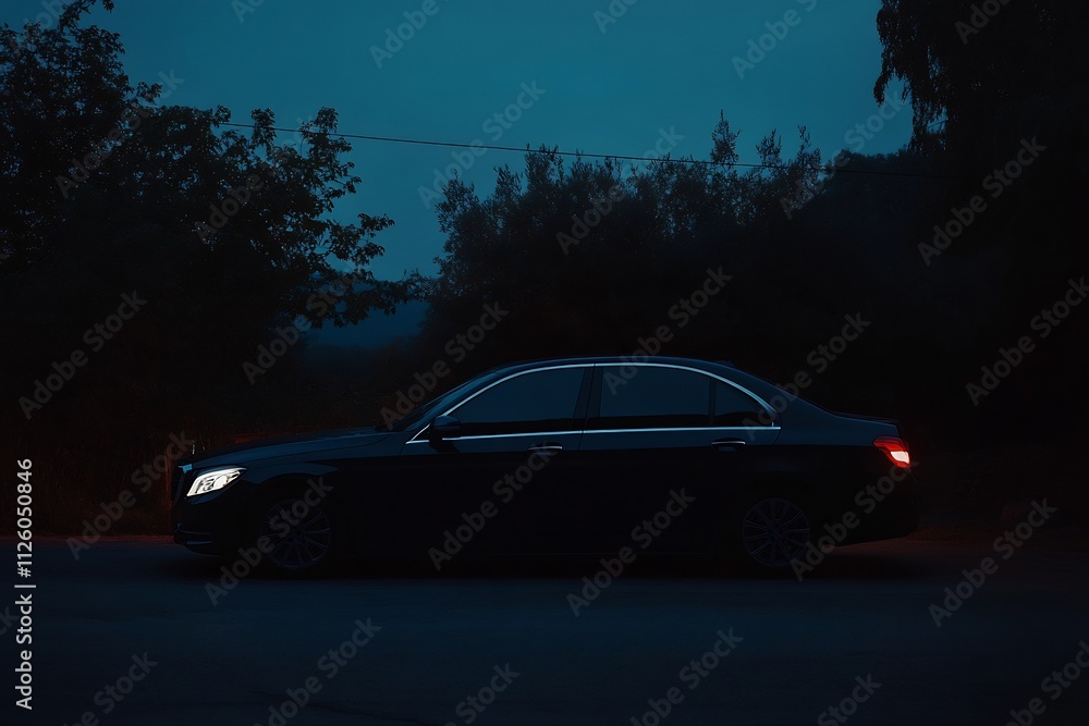 Naklejka premium Sleek Sedan Gliding Through Dusk Shadows on Quiet Road
