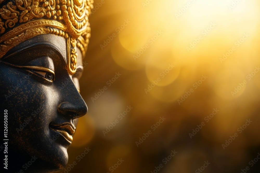 Divine serenity: close-up of smiling buddha statue in golden light Divine serenity: close-up of smiling buddha statue in golden light