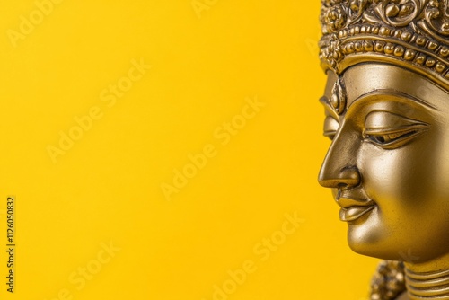 Golden hindu goddess statue on vibrant yellow background photo