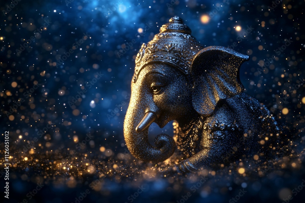 Fototapeta premium Glittering elephant figurine in cosmic blue and gold sparkles