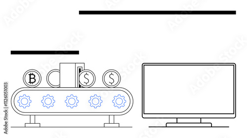 Conveyor belt with gears and currency icons next to a computer screen. Ideal for finance, technology, automation, cryptocurrency, digital economy, industrial process, online banking. Line metaphor