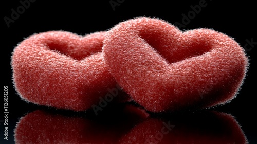 A pair of red hearts cut from satin fabric lying on a white surface. Their plush texture catches light, creating subtle highlights. The two hearts rest near each other, symbolizing partnership,  photo