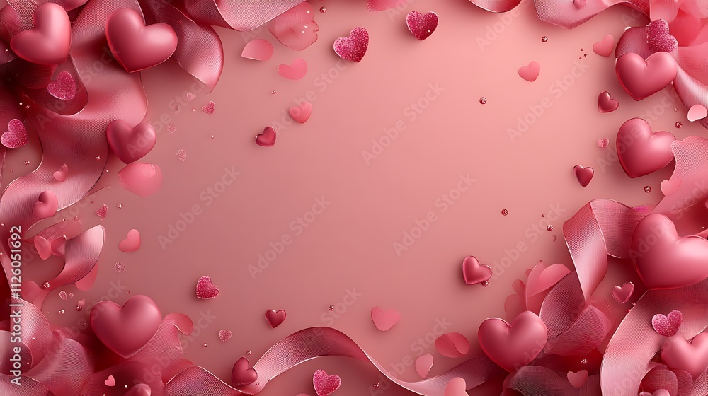 A simple arrangement of pink and red hearts cut from smooth paper, scattered gracefully against a white background. Small candy-like shapes and delicate ribbons add subtle variety, evoking a A simple arrangement of pink and red hearts cut from smooth paper, scattered gracefully against a white background. Small candy-like shapes and delicate ribbons add subtle variety, evoking a