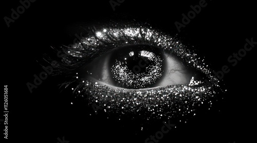 Close-up of a glittering eye, black and white.