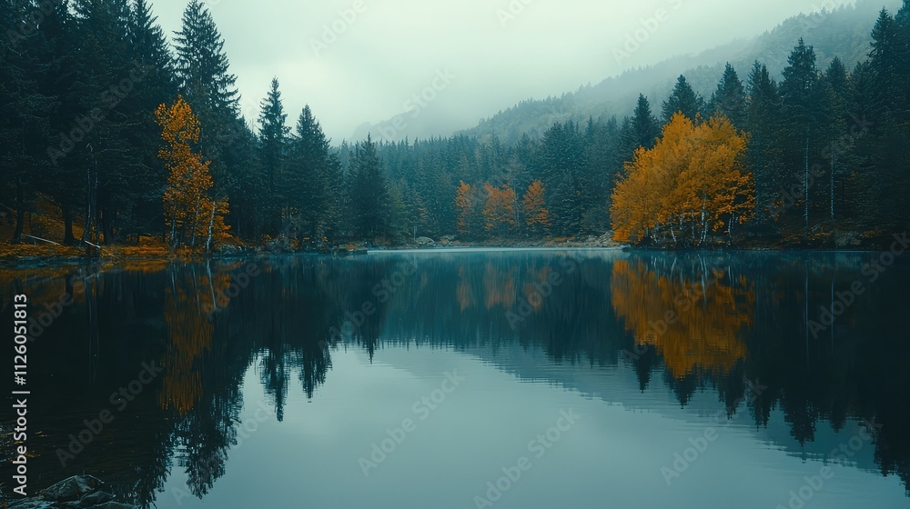 Fototapeta premium Tranquil Autumn Reflections in a Misty Forest Lake Surrounded by Vibrant Yellow and Green Foliage Underneath a Soft Overcast Sky