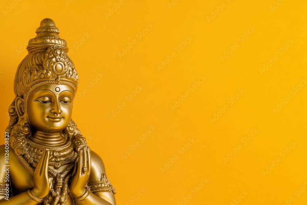 Golden hindu deity statue on vibrant yellow background with symbolic hand gesture Golden hindu deity statue on vibrant yellow background with symbolic hand gesture