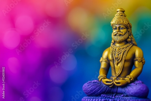 Golden hindu deity statue on vibrant multicolor background