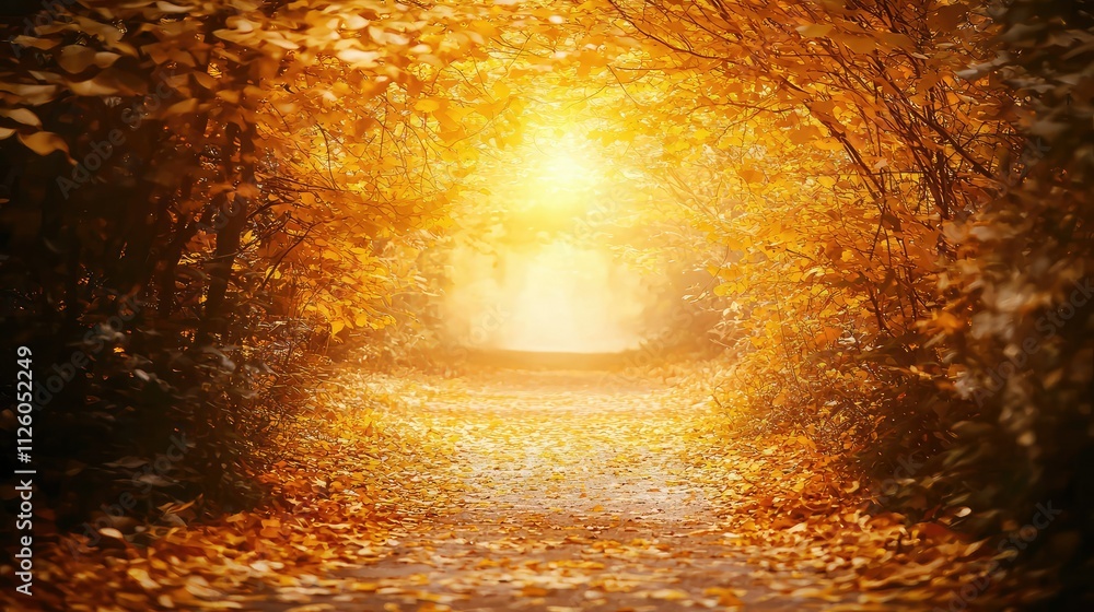 Serene Autumn Pathway Surrounded by Golden Leaves and Warm Light Filtering Through Trees, Inviting Peaceful Reflection and Natural Beauty Serene Autumn Pathway Surrounded by Golden Leaves and Warm Light Filtering Through Trees, Inviting Peaceful Reflection and Natural Beauty