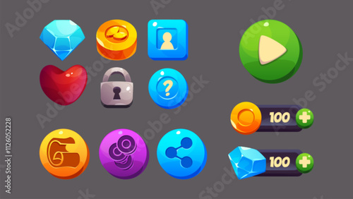 Game ui icons and interface design elements. Cartoon vector play button, bar with golden coin and blue diamond showing number of points, items to collect - heart and money, gemstone and lock.