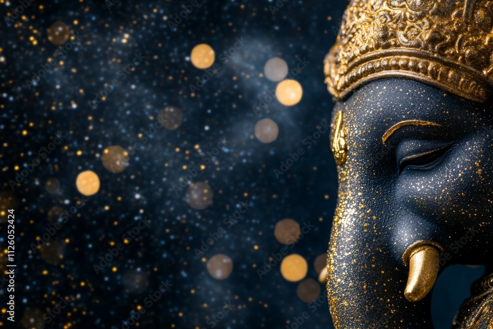 Golden elephant head against sparkling night background with bokeh lights Golden elephant head against sparkling night background with bokeh lights