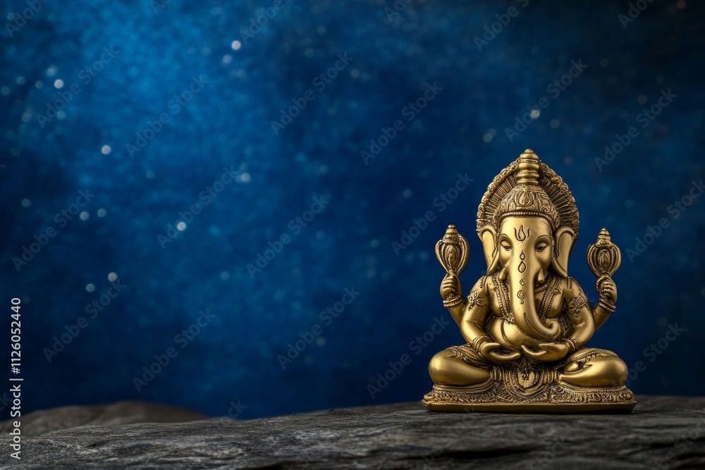 Fototapeta premium Golden ganesha statue on rock with starry night sky background