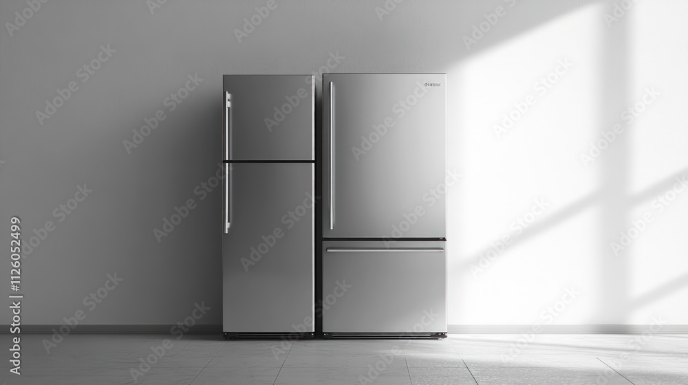 Two stainless steel refrigerators in a minimalist room. Two stainless steel refrigerators in a minimalist room.