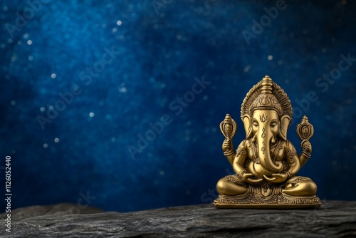 Golden ganesha statue on rock with starry night sky background