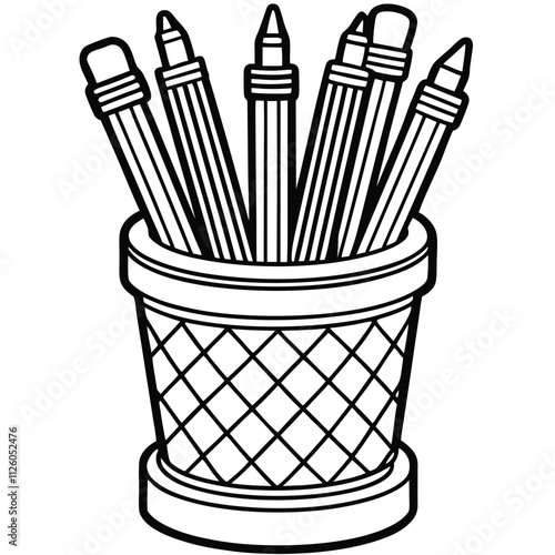 Stylish Pencil Holder line art vector Isolated on White Background