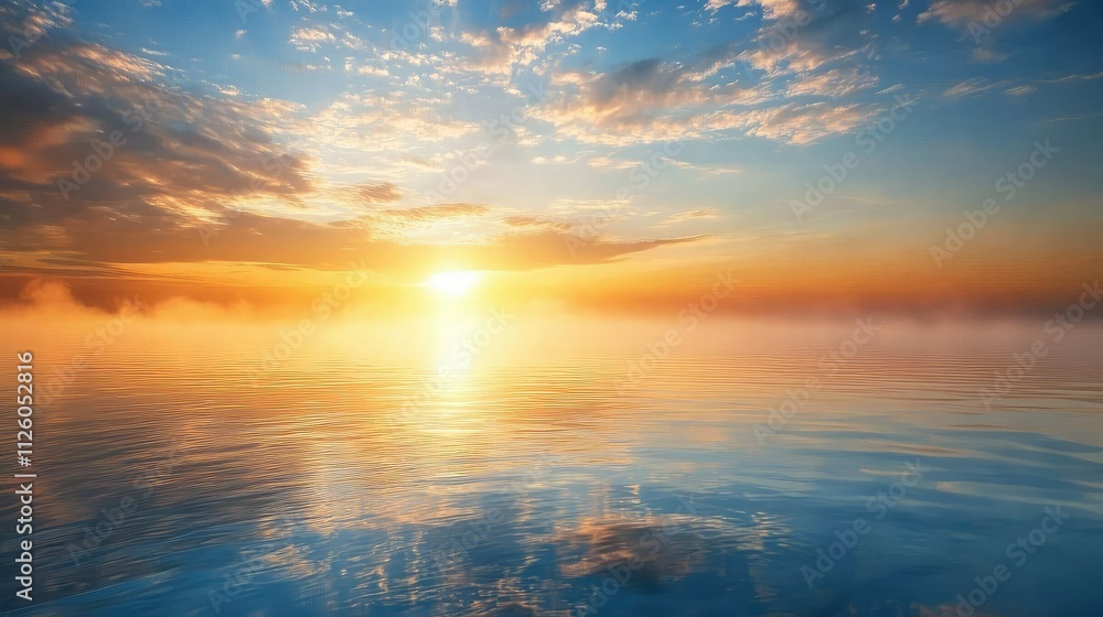 Fototapeta premium Breathtaking Sunrise Over Serene Ocean Waters with Reflection of Colorful Clouds and Golden Sunlight Illuminating the Tranquil Seascape at Dawn