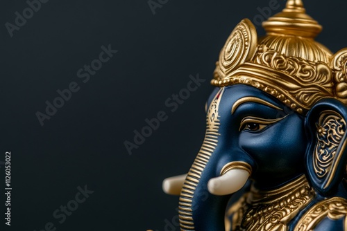 Elegant ganesh idol in blue and gold with intricate details on dark background photo