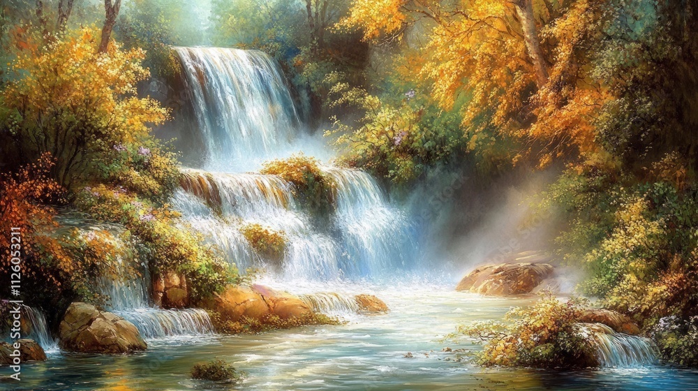 Serene Autumn Waterfall: A picturesque painting of a cascading waterfall amidst vibrant autumn foliage, creating a tranquil and idyllic scene. Serene Autumn Waterfall: A picturesque painting of a cascading waterfall amidst vibrant autumn foliage, creating a tranquil and idyllic scene.
