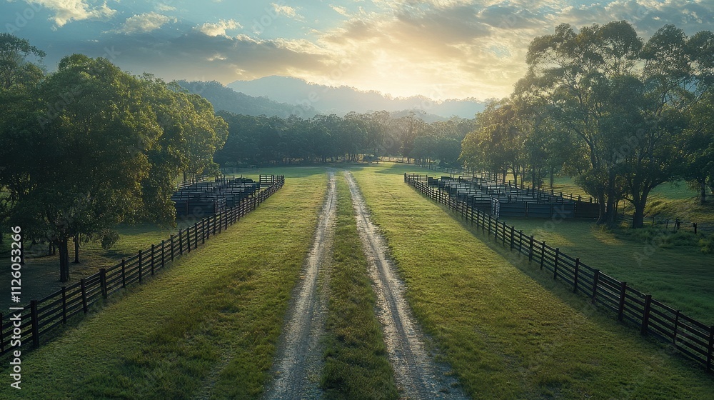 Serene sunrise over a farm with fences and a dirt road. Perfect for illustrating tranquility, agriculture, or rural life. Serene sunrise over a farm with fences and a dirt road. Perfect for illustrating tranquility, agriculture, or rural life.