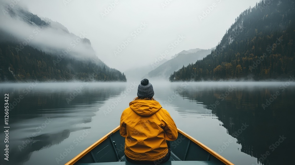 Serene View of a Man in a Yellow Rain Jacket in a Canoe on a Misty Lake Surrounded by Lush Green Mountains in Foggy Weather Serene View of a Man in a Yellow Rain Jacket in a Canoe on a Misty Lake Surrounded by Lush Green Mountains in Foggy Weather