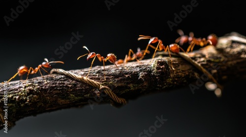 Teamwork in nature closeup of ants forming a bridge on a branch forest environment macro perspective photo