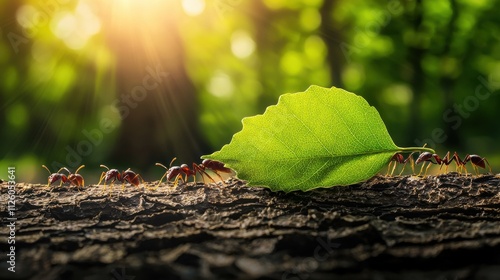 Teamwork of ants carrying a large leaf together in nature close-up viewpoint inspiring concept of cooperation photo