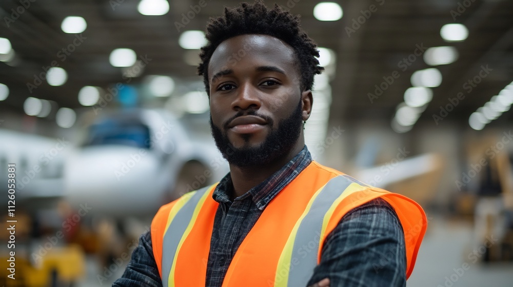 Aircraft Maintenance Mechanic in Orange Safety Vest at Industrial Workplace Aircraft Maintenance Mechanic in Orange Safety Vest at Industrial Workplace
