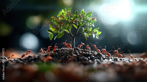 Teamwork in action ant colony cultivates life beneath a tree nature macro vibrant ecosystem close-up collaboration in nature