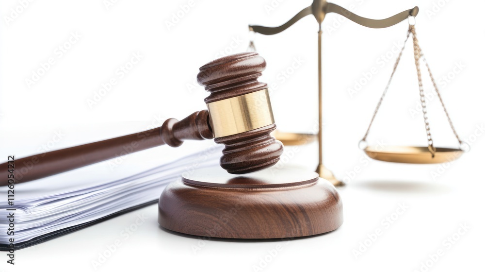Gavel, scales, and legal documents on white background. Gavel, scales, and legal documents on white background.