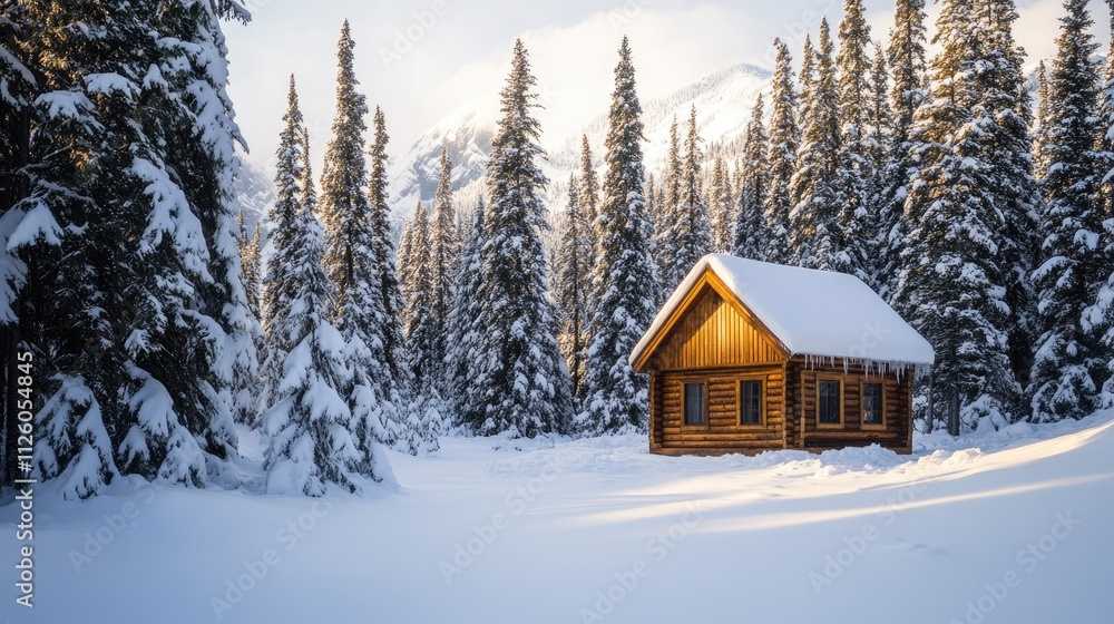 Naklejka premium Snowy Cabin in a Forest
