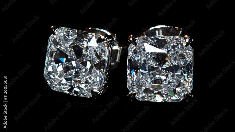 Stunning Close-Up of Brilliant Cut Diamond Earrings on Black Background Highlighting the Sparkle and Clarity of Luxurious Jewelry Pieces Stunning Close-Up of Brilliant Cut Diamond Earrings on Black Background Highlighting the Sparkle and Clarity of Luxurious Jewelry Pieces