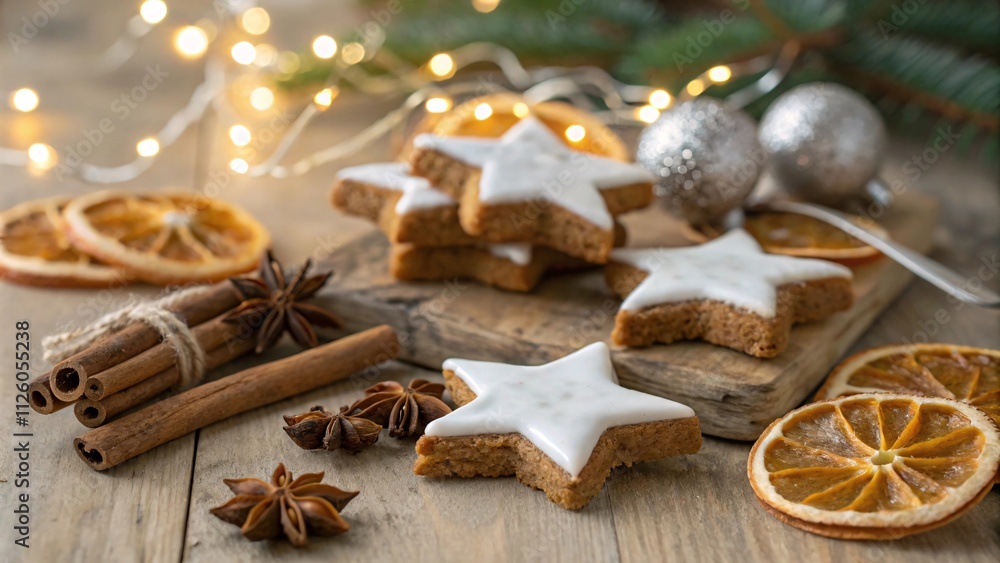 Festive Baking Scene with Star Cookies, Cinnamon, and Fairy Lights V5 Festive Baking Scene with Star Cookies, Cinnamon, and Fairy Lights V5