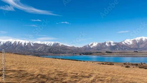 Lake Tekapo with snow-capped mountains under blue sky