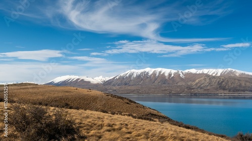 Snow-capped mountains and serene lake view