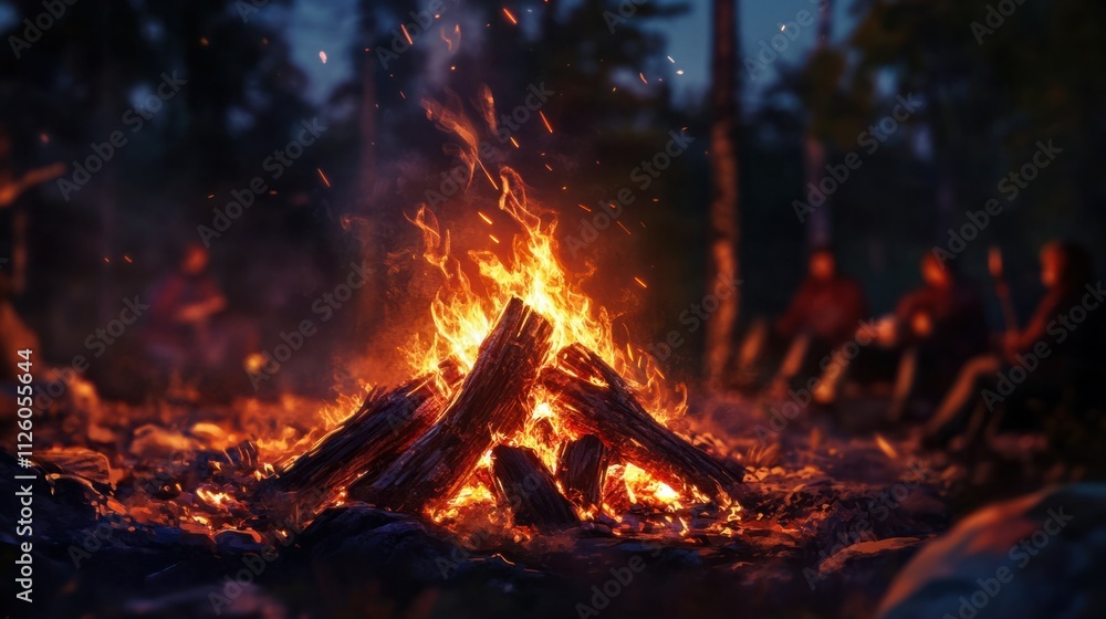 Naklejka premium Focused view of a campfire flames, with blurred figures sitting around it in a warm evening setting