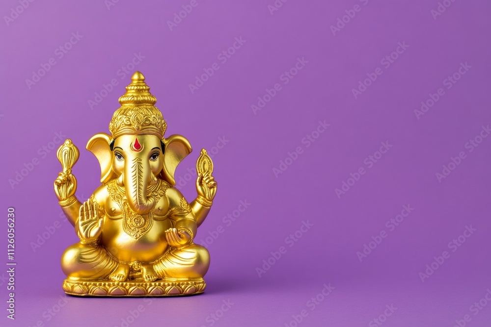 Golden hindu ganesha statue on purple background symbolizing wisdom and prosperity Golden hindu ganesha statue on purple background symbolizing wisdom and prosperity