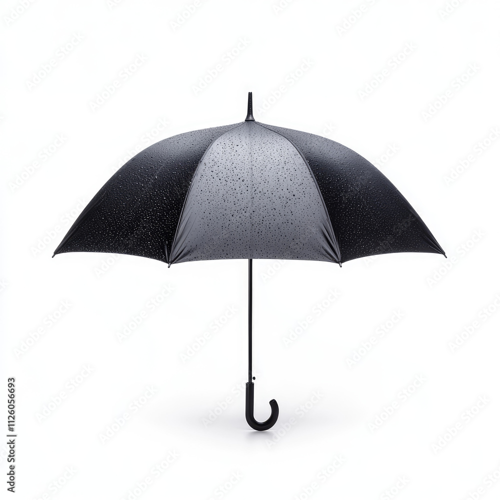 A sleek black umbrella covered in raindrops, showcasing its elegant design and functionality against a plain background. A sleek black umbrella covered in raindrops, showcasing its elegant design and functionality against a plain background.
