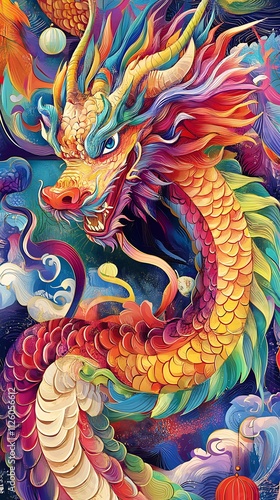Wallpaper Mural Vibrant rainbow dragon art, mythical creature. Torontodigital.ca