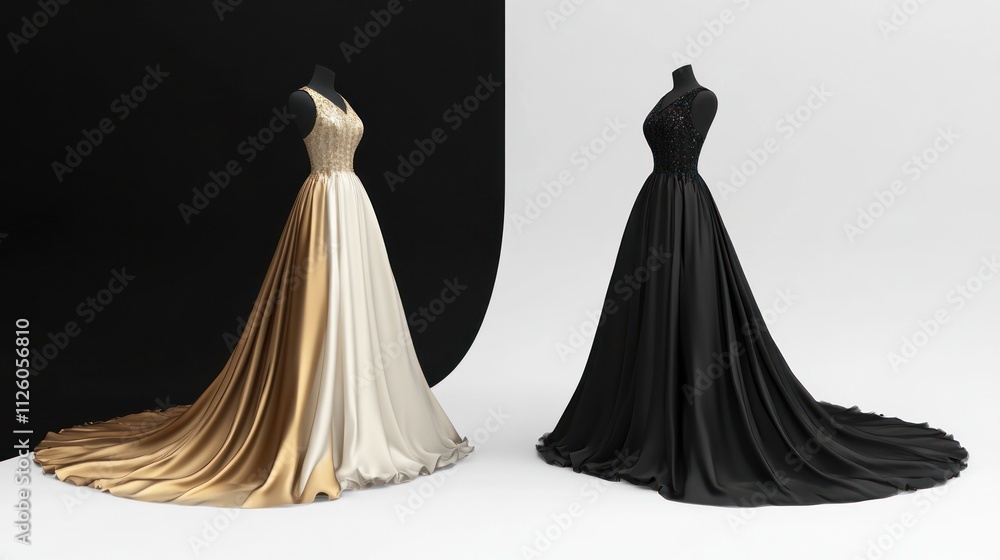 Two elegant gowns, gold and black, displayed on mannequins against a contrasting backdrop. Two elegant gowns, gold and black, displayed on mannequins against a contrasting backdrop.