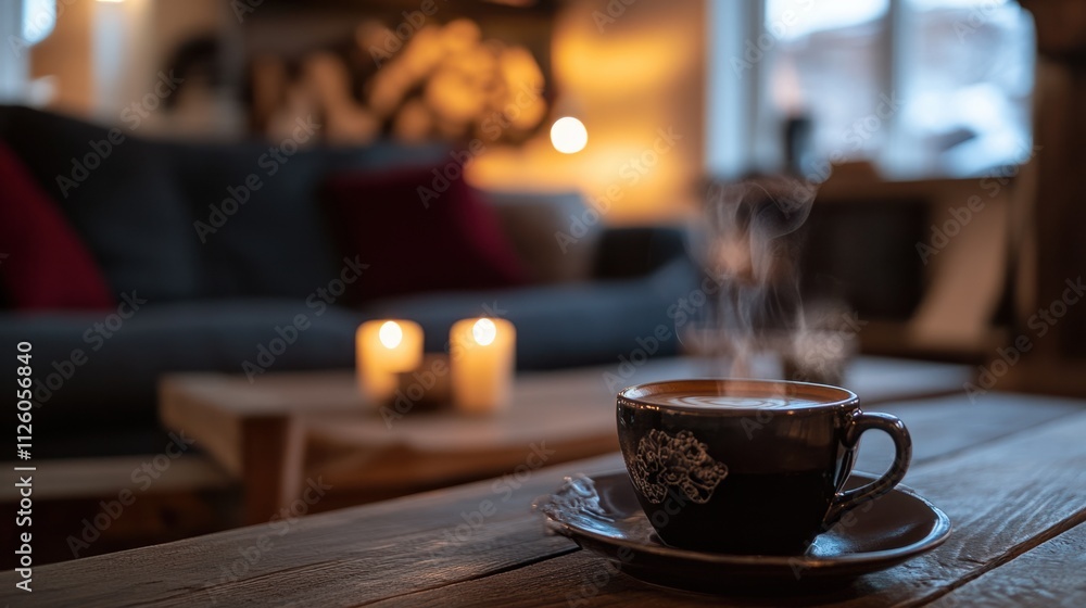 Selective focus on a steaming cup of coffee, with a cozy living room setting softly blurred in the background Selective focus on a steaming cup of coffee, with a cozy living room setting softly blurred in the background