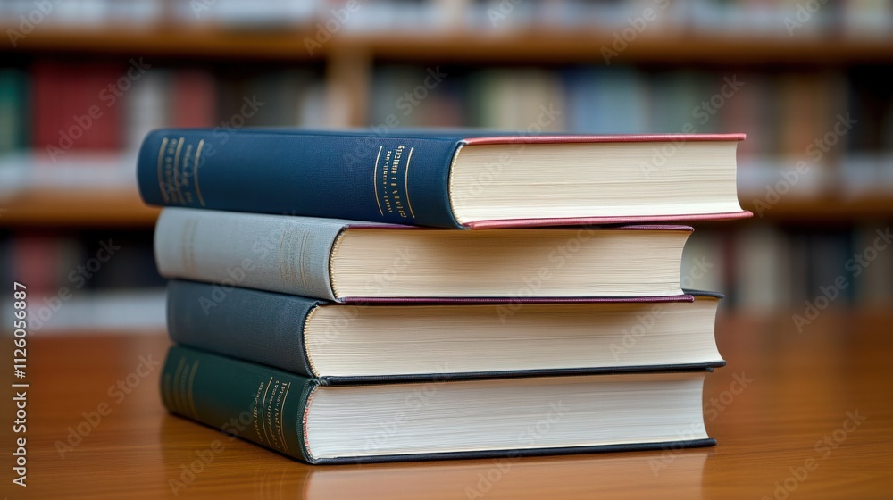 Selective focus on a single book in a stack, with the rest of the bookshelves subtly blurred for depth Selective focus on a single book in a stack, with the rest of the bookshelves subtly blurred for depth