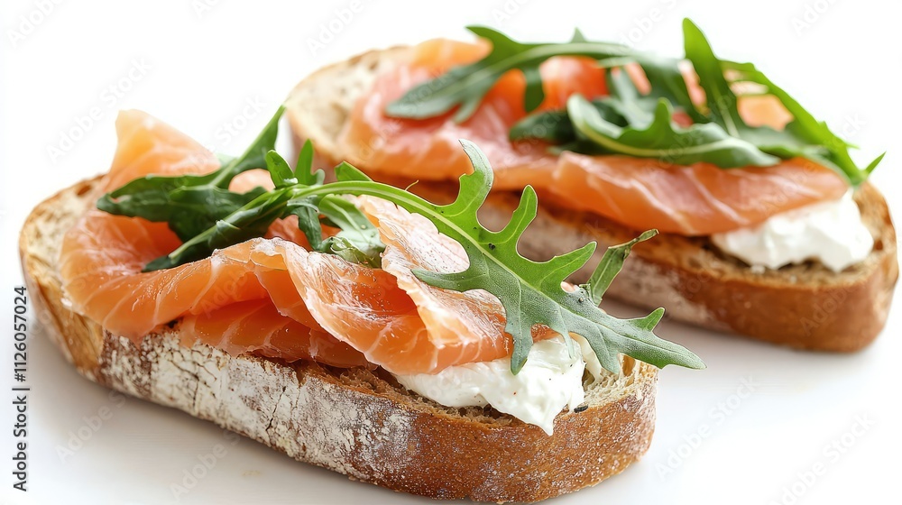 Freshly Prepared Open-Faced Sandwich with Smoked Salmon, Cream Cheese, and Arugula on Whole Grain Bread, Perfect for Gourmet Breakfast or Healthy Snack Freshly Prepared Open-Faced Sandwich with Smoked Salmon, Cream Cheese, and Arugula on Whole Grain Bread, Perfect for Gourmet Breakfast or Healthy Snack